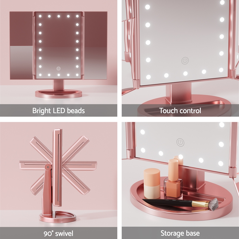 Embellir Tri-fold Makeup Mirror 1X2X3X Magnifying with LED Light Travel Portable Pink - Image 7