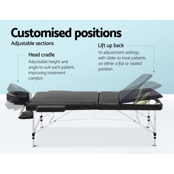 Zenses Massage Table 75cm Portable 3 Fold Aluminium Beauty Bed Black - Image 4