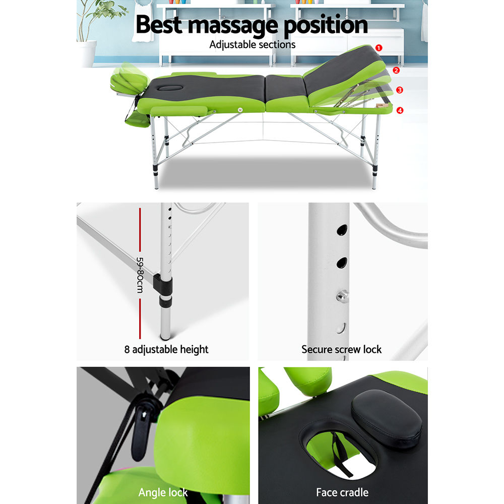 Zenses Massage Table 75cm Portable 3 Fold Aluminium Beauty Bed Green - Image 5