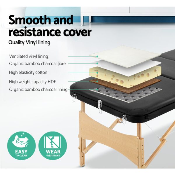 Zenses Massage Table 75cm Portable 3 Fold Wooden Beauty Bed Black - Image 4