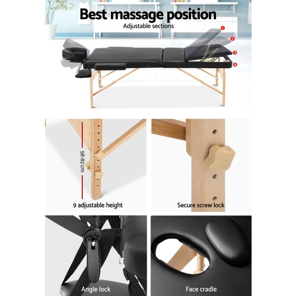 Zenses Massage Table 75cm Portable 3 Fold Wooden Beauty Bed Black - Image 5