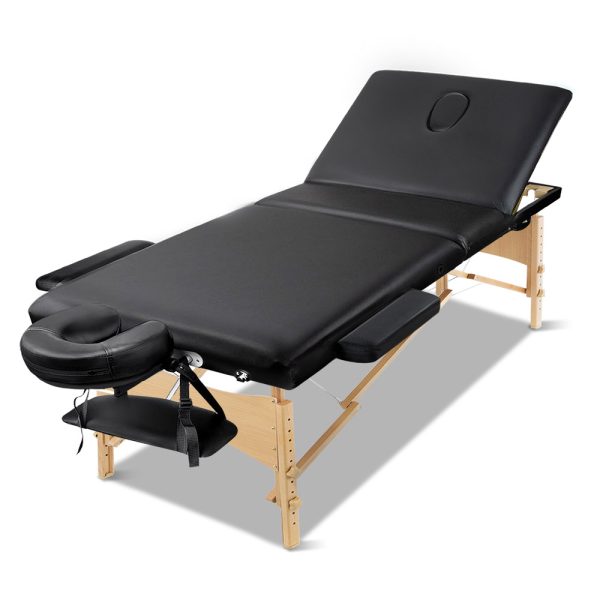 Zenses Massage Table 75cm Portable 3 Fold Wooden Beauty Bed Black - Image 8