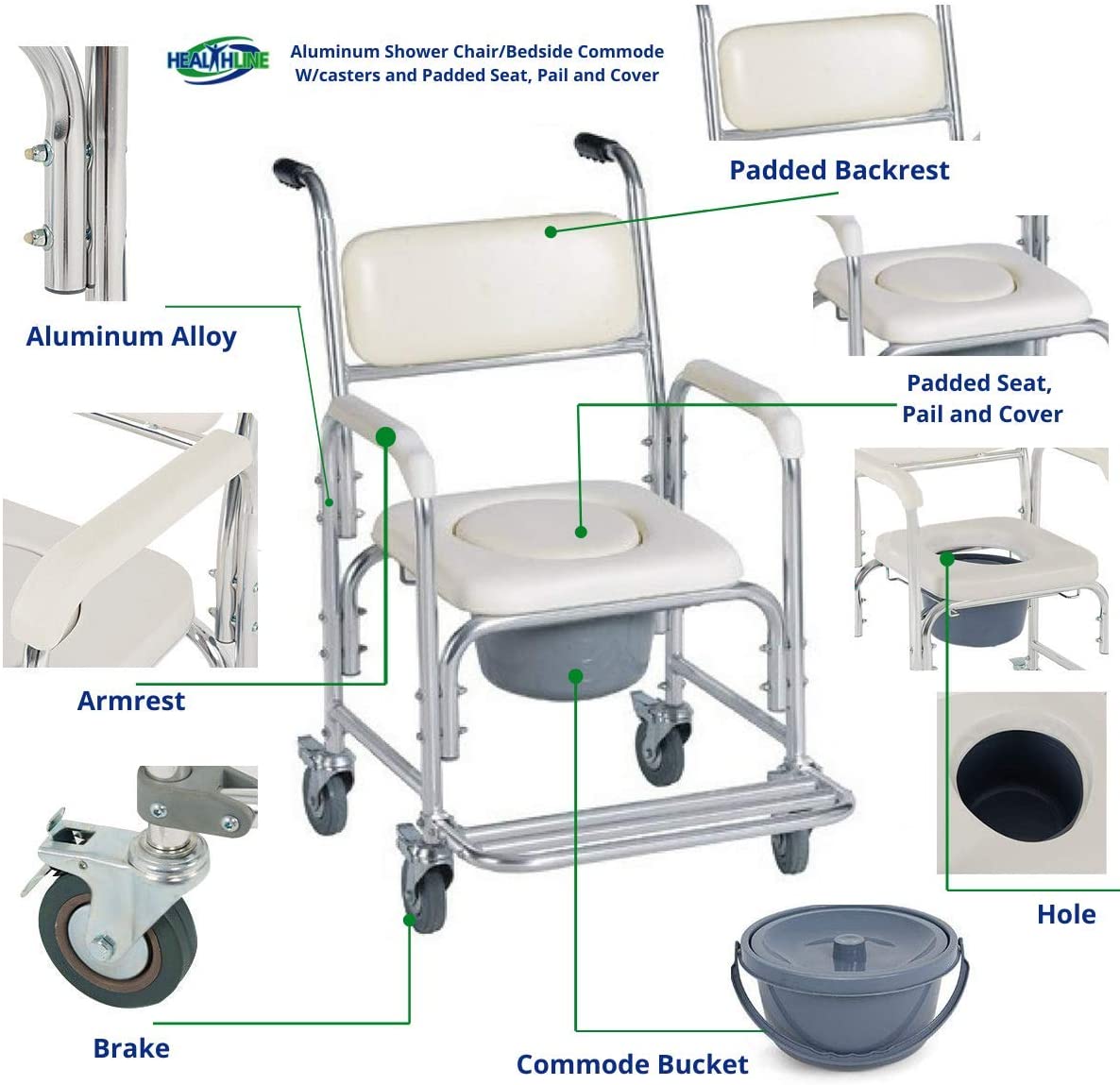 Mobile Shower Toilet Commode Chair Bathroom Aluminum Bedside Footrest Wheelchair - Image 2