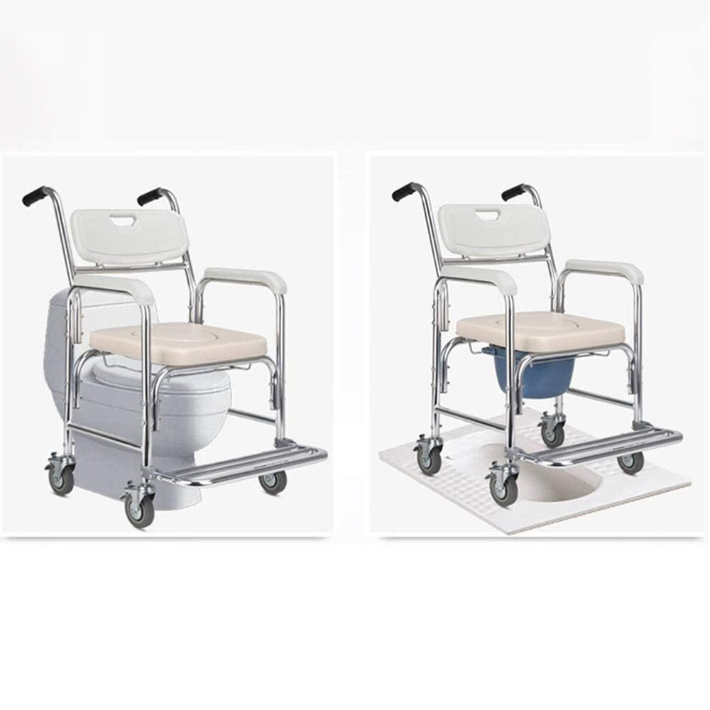 Mobile Shower Toilet Commode Chair Bathroom Aluminum Bedside Footrest Wheelchair - Image 4