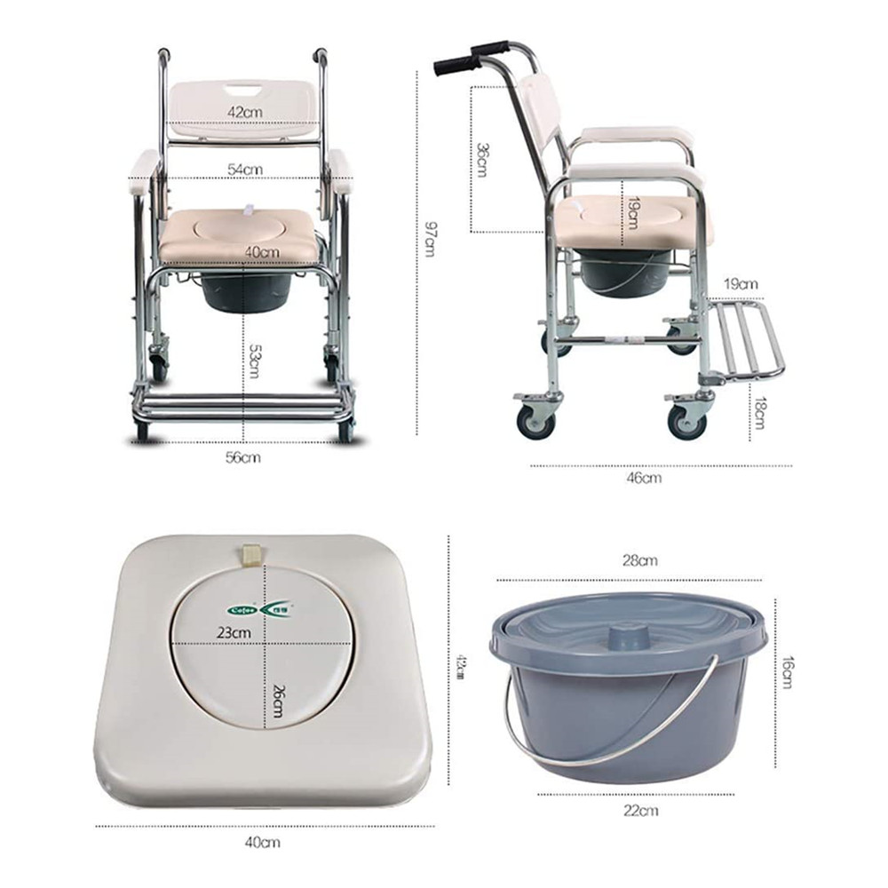 Mobile Shower Toilet Commode Chair Bathroom Aluminum Bedside Footrest Wheelchair - Image 7
