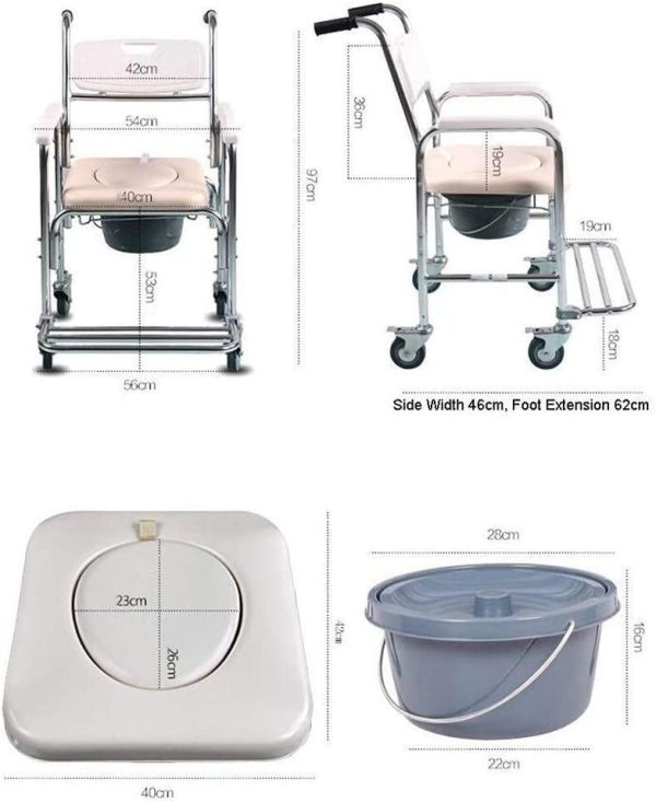 Mobile Shower Toilet Commode Chair Bathroom Aluminum Bedside Footrest Wheelchair - Image 9