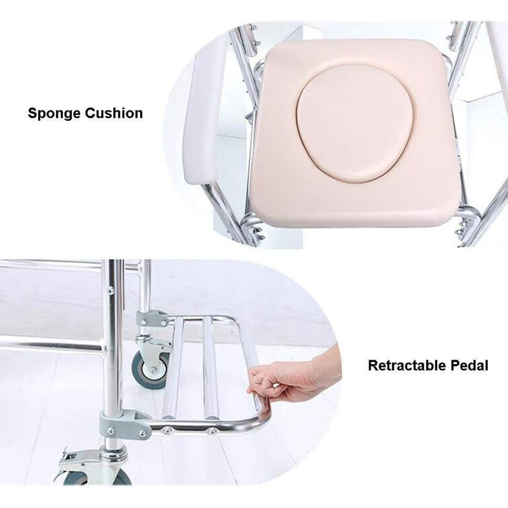 Mobile Shower Toilet Commode Chair Bathroom Aluminum Bedside Footrest Wheelchair - Image 10