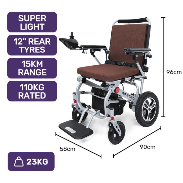 EQUIPMED Ultra-Light Power Wheelchair, Tight Turning, Airline Approved, ARTG Certified, Aluminium Frame, Lithium Battery, Brown - Image 2