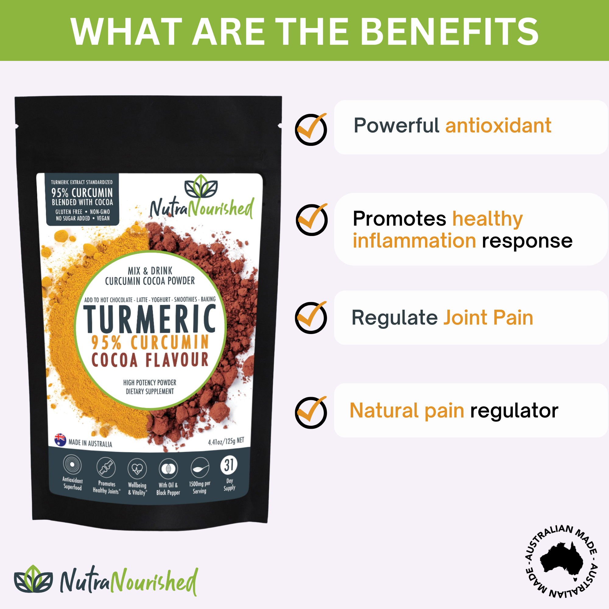 95% Organic Curcumin Extract Cocoa Flavour - Turmeric Powder With Black Pepper - Organic and with Black Pepper, 125g - Image 3