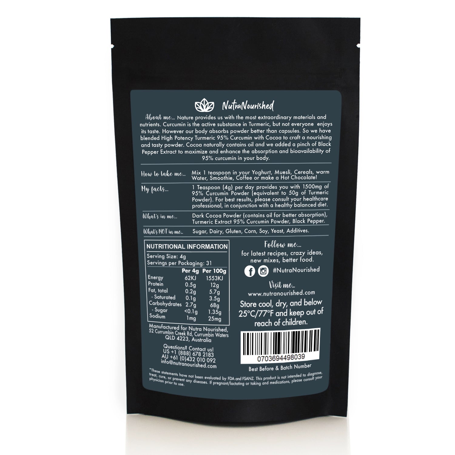 95% Organic Curcumin Extract Cocoa Flavour - Turmeric Powder With Black Pepper - Organic and with Black Pepper, 125g - Image 5