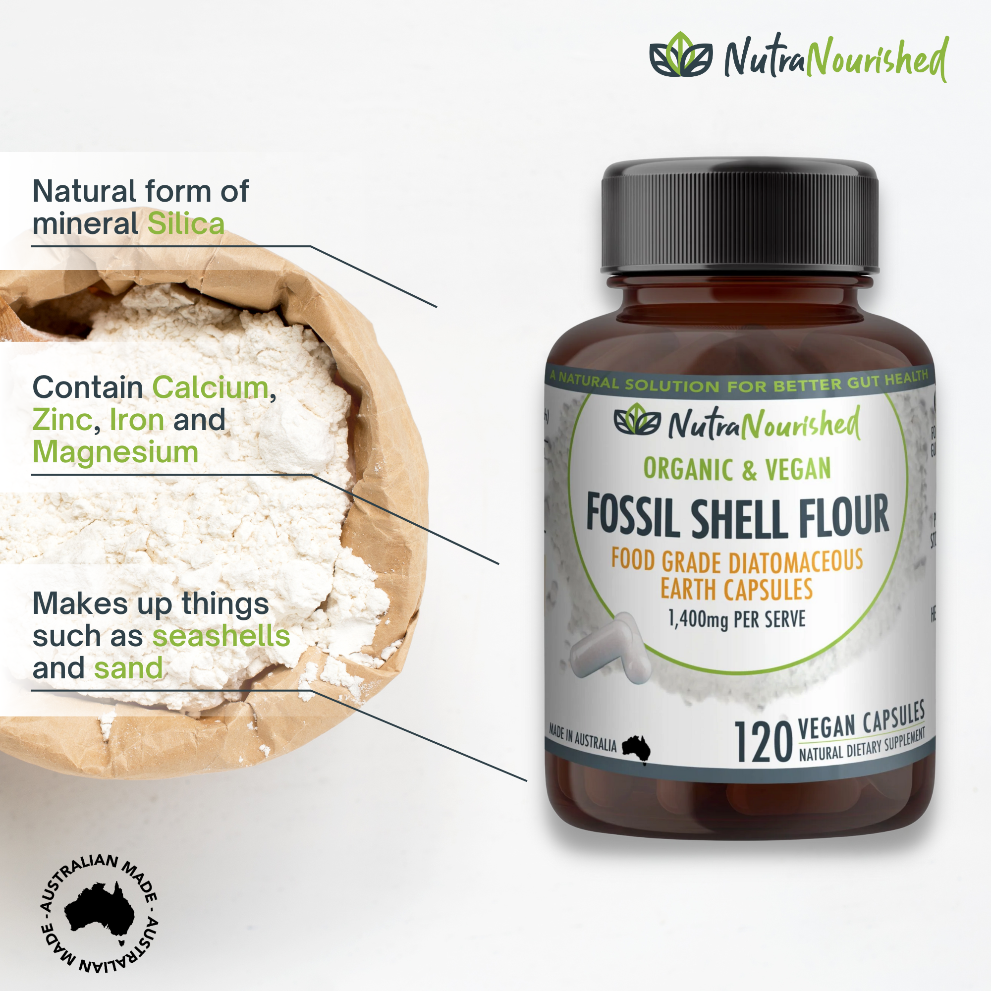 Fossil Shell Flour Capsules (vegan)- Food Grade Diatomaceous Earth 120 caps - Image 4