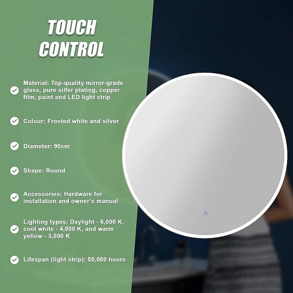90cm LED Wall Mirror Bathroom Mirrors Light Decor Round - Image 10