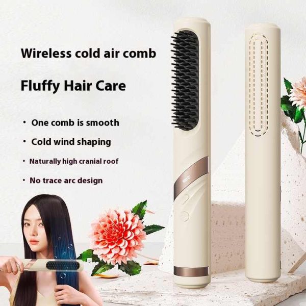 Blue Portable USB Rechargeable Cold Wind Ionic Hair Straightening Brush, Multi-Functional Hair Straightener and Curler, Lightweight and Travel-Friendly - Image 2
