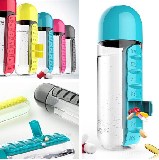 2pc 2-in-1 Water Bottle with 7-Day Pill Organizer - 600ml BPA-Free, Portable & Leakproof(Blue) - Image 2