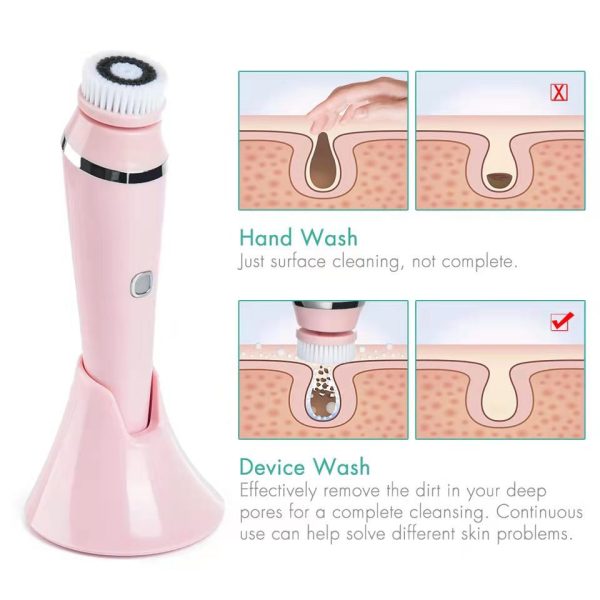 4-in-1 Electric Facial Cleansing Brush & Massager - IPX6 Waterproof, 3 Speeds, Bi-Directional Spin, USB Rechargeable(Pink) - Image 5