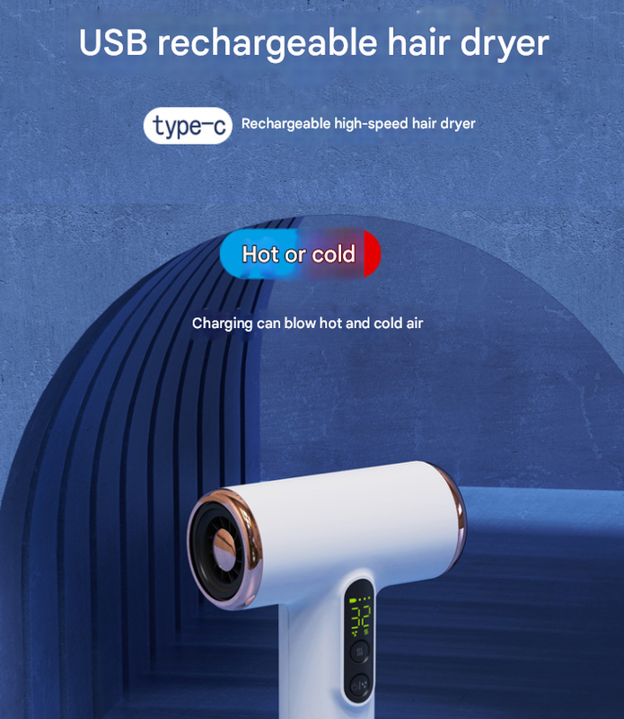 White High-Power Cordless Hair Dryer, 15600mAh USB Rechargeable Blow Dryer with Hot & Cold Air, 3 Speeds & Heat Settings - Image 3